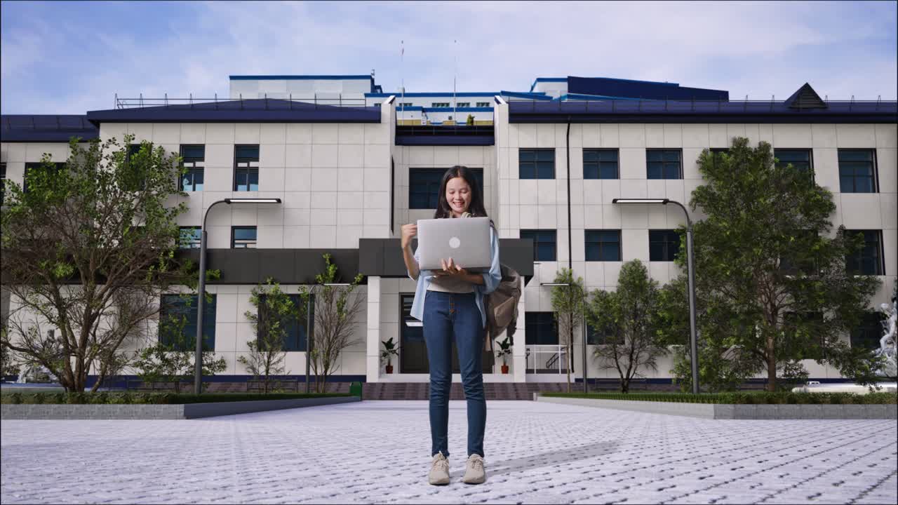배을 가진 아시아 십대 소녀 학생의 몸이 가득 차 있으며, 학교 건물 앞에 서서 노트북을 사용하고 축하하고 있습니다.