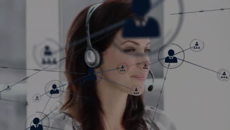 Animation-of-network-of-connections-and-icons-over-businesswoman-wearing-phone-headset