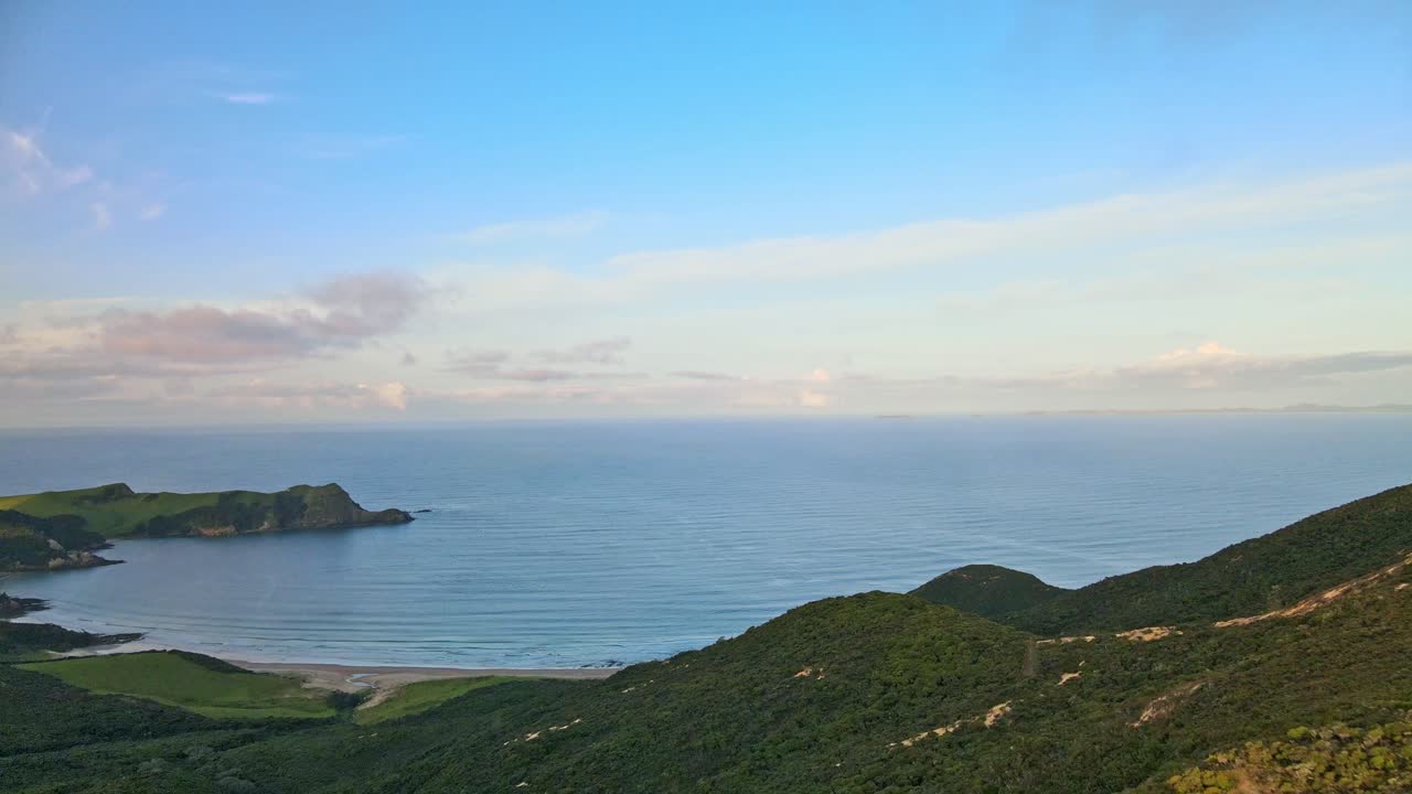 Peaceful drone view at golden hour, capturing the calm ocean, glowing shoreline, and lush green coastline of Pukenui, New Zealand, in warm evening light