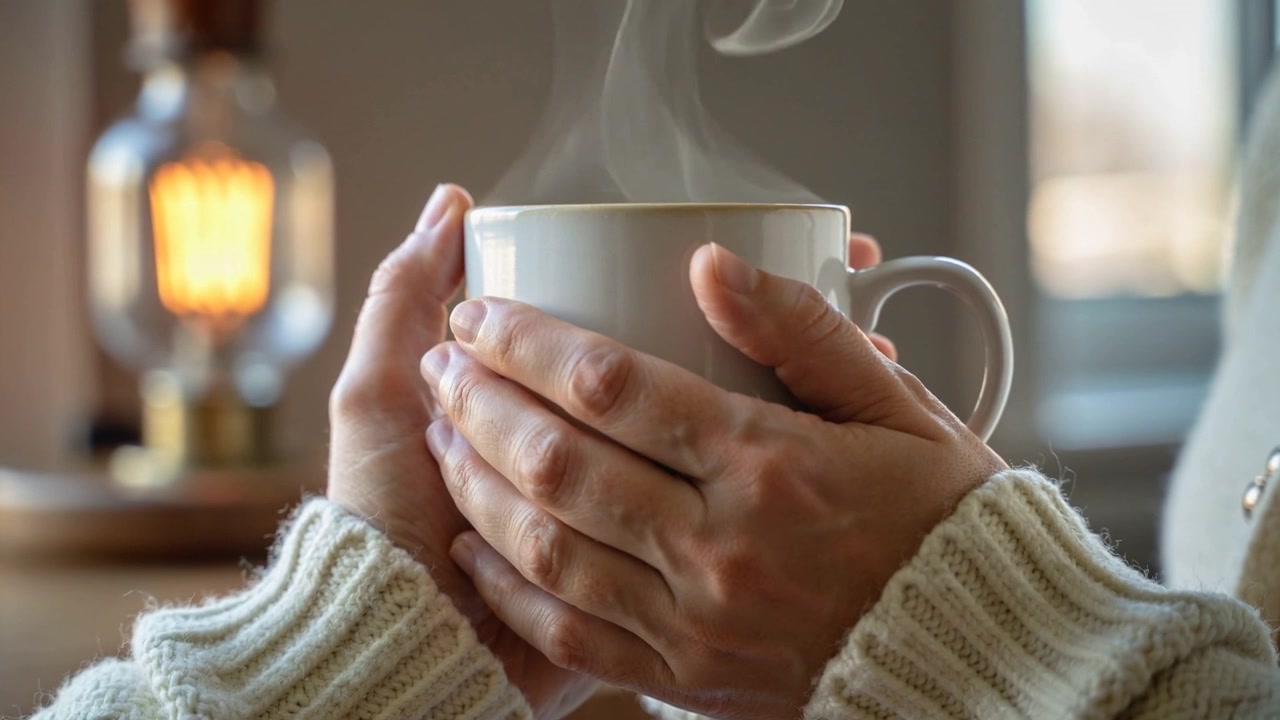Sentindo frio, mãos femininas em suéter de tricô creme segurando caneca branca na janela