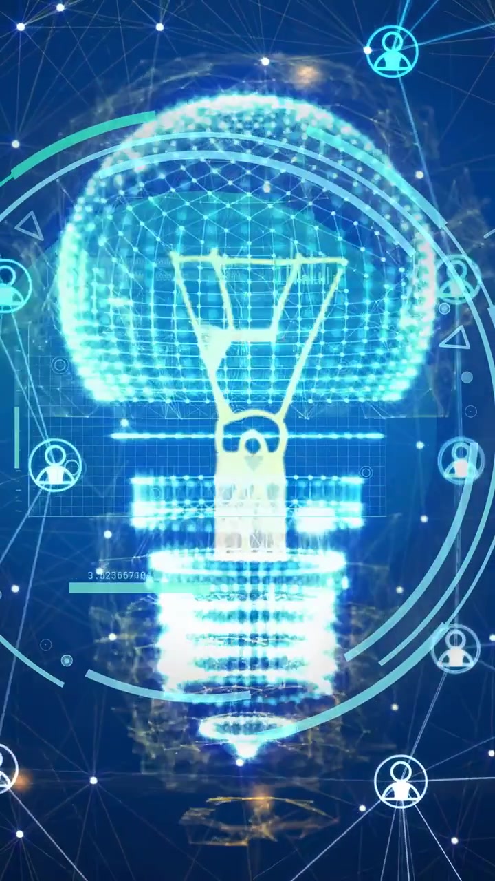 Vertical video: Holo bulb building in blue HUD, data ping causing nodes pulsing, showing net flow