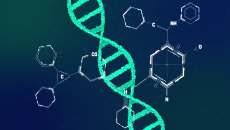 Animación-De-Estructuras-Químicas-Sobre-Hebras-De-ADN-Girando-Sobre-Fondo-Azul.