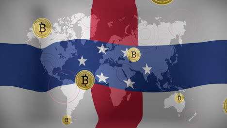 bitcoin symbols animation over world map and flag of netherlands antilles