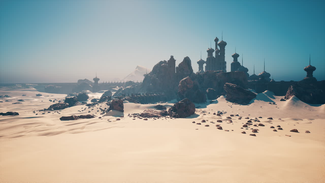 Cinematic portrayal of sunlit desert with ancient remains and horizons