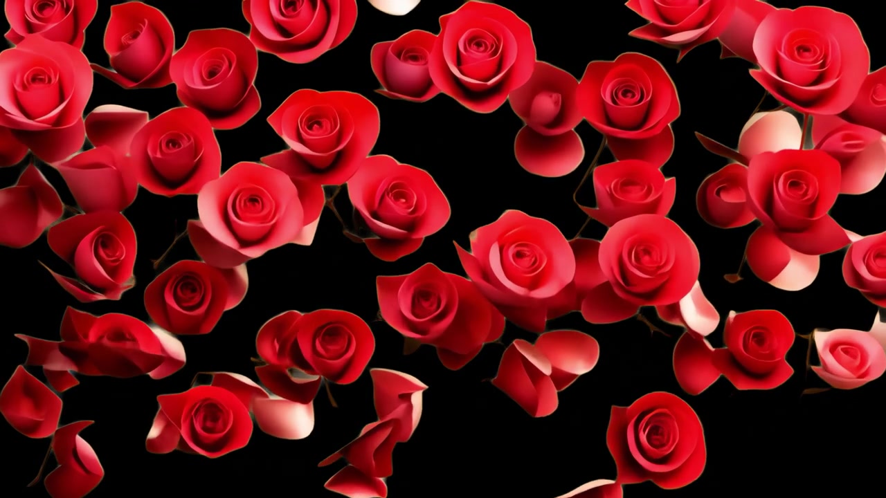 黒い背景に舞い落ちる赤いバラの花びらと花