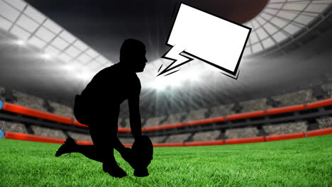 Animation-of-silhouette-of-rugby-player-and-speech-bubble-with-copy-space-over-sports-stadium