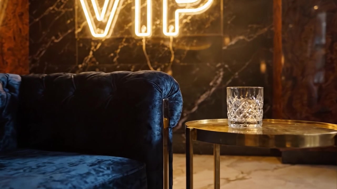 En luksuriøs VIP-lounge med en blød sofa, elegant indretning og et krystalglas, sat mod en glamourøs baggrund af neonbelysning.