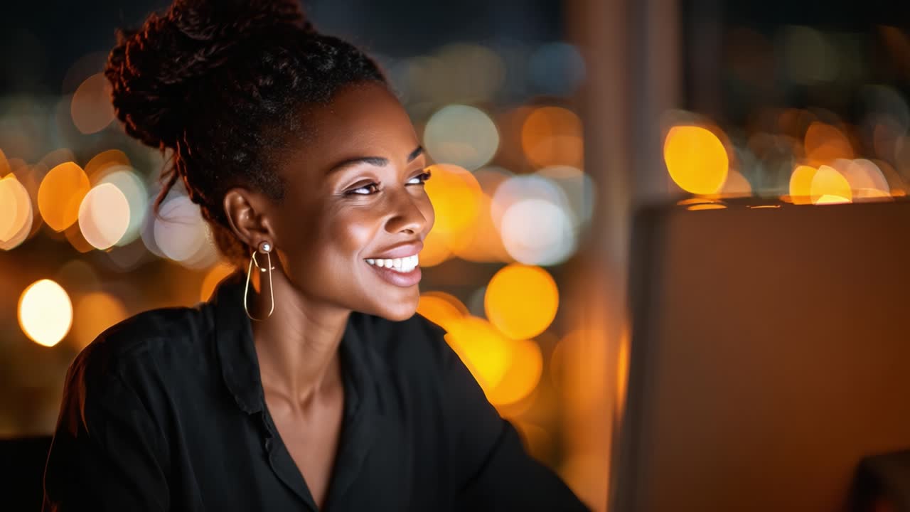A Focused Woman Working Late at Night in a Dimly Lit Environment, Capturing the Serenity of Productivity Amidst the Glowing City Lights