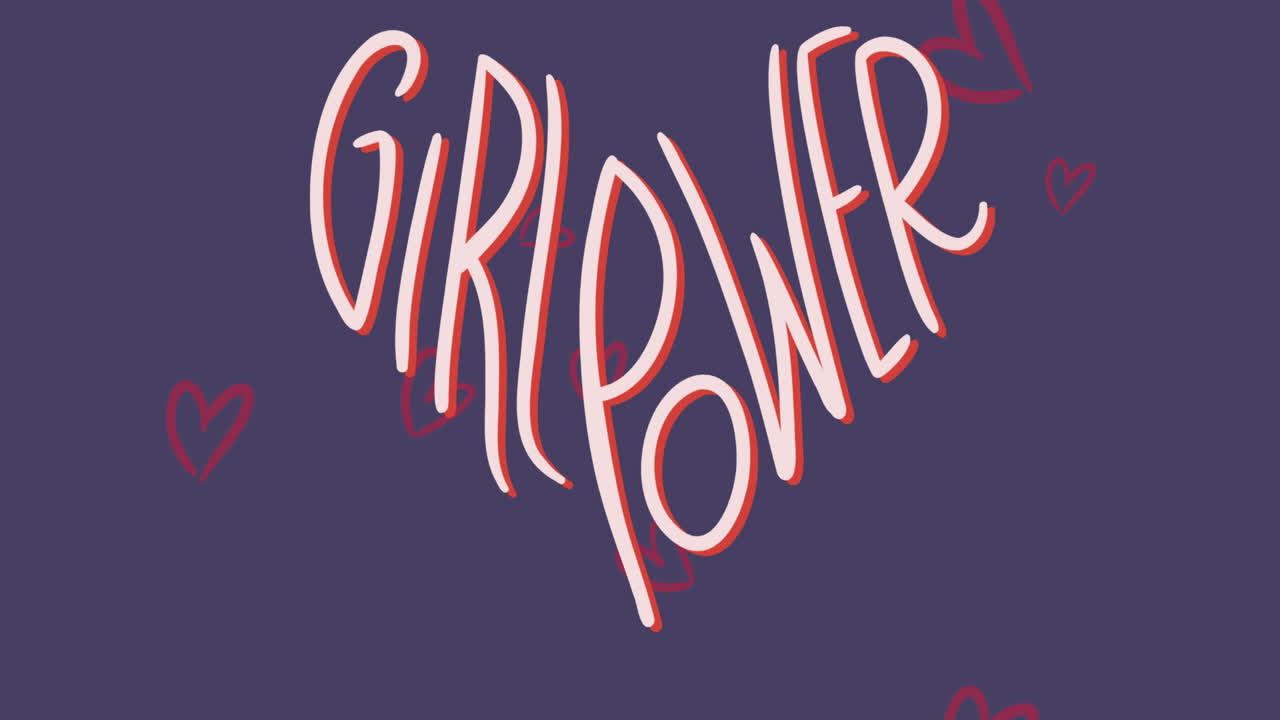 Animazione del testo 'girl power' e icone di cuori rossi che fluttuano su sfondo blu