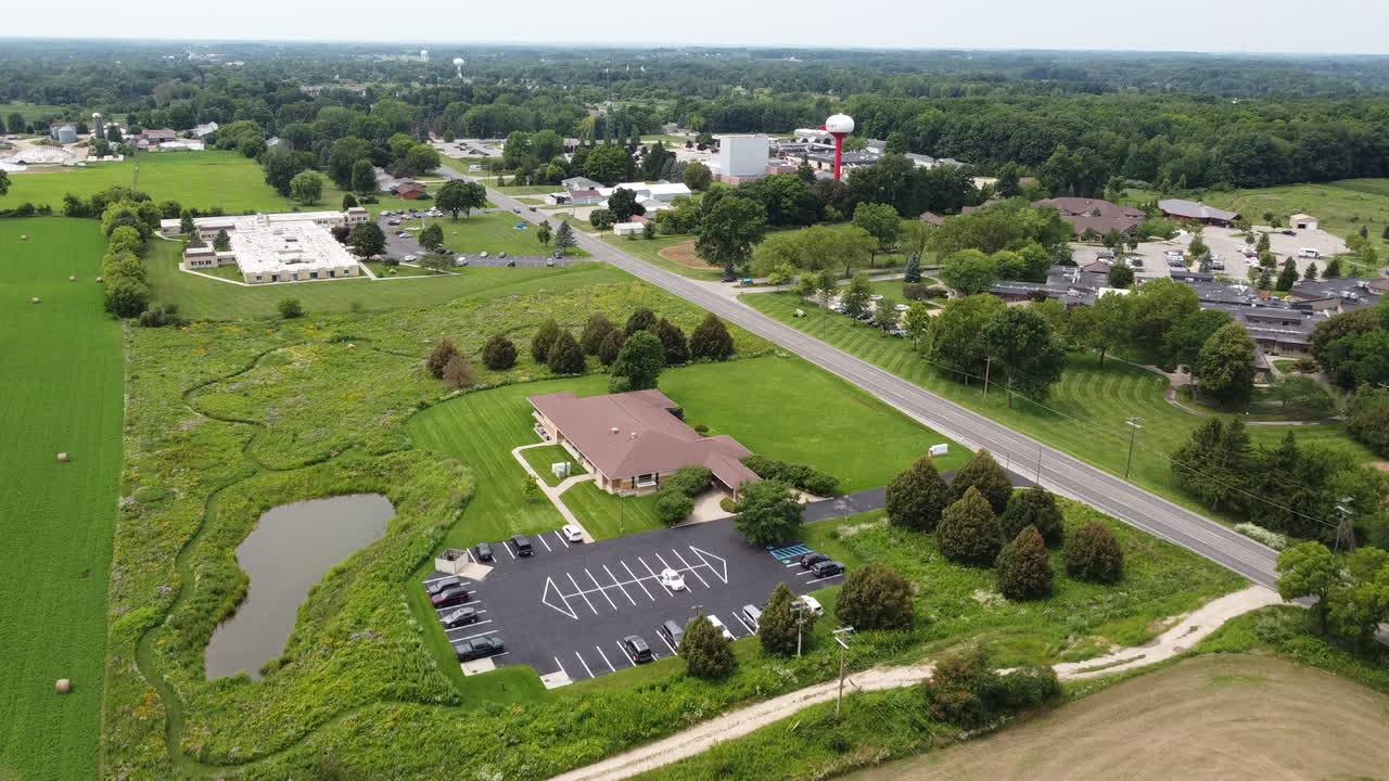 Fremont Michigan drone aerial footage downtown of buildings cityscape