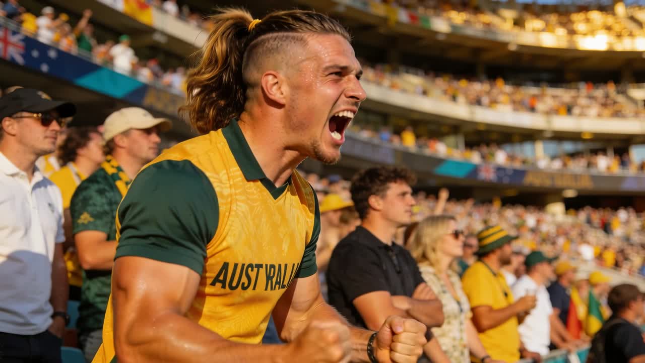 Tifoso uomo con la maglia dell'Australia che urla, appoggiato alla ringhiera nello stadio dopo un'azione decisiva, esultando
