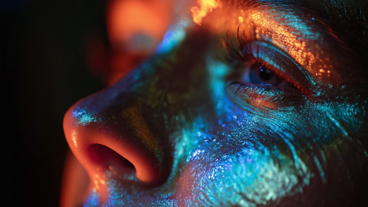 Illuminated Portrait: A Close-Up of a Face Reflecting Colorful Light Patterns and Artistic Makeup, Capturing Emotions and Texture in a Vibrant Display