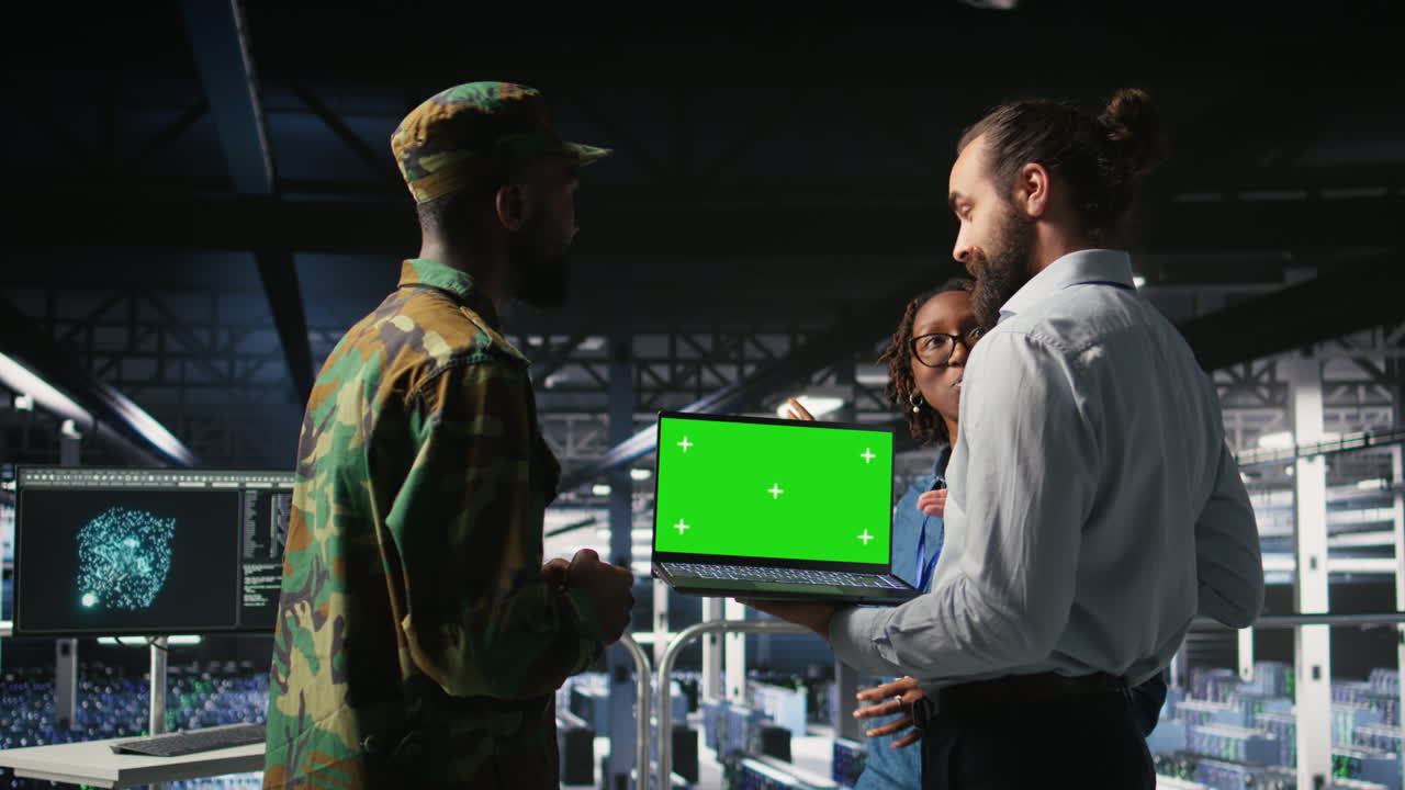 Army tech specialist in data center and coworkers using green screen laptop