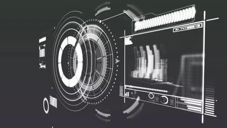 Animation-of-interface-with-round-scanner-and-data-processing-against-black-background