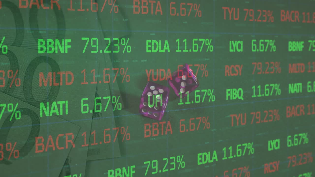 두 개의 주사위와 녹색 배경의 유로 통화 지폐에 대한 금융 데이터 처리 애니메이션