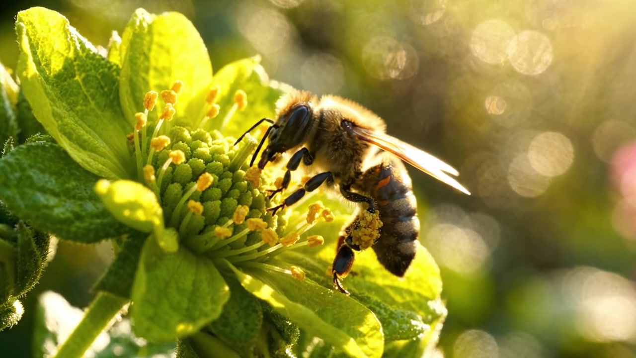 Uma Vista Detalhada de uma Abelha Coletando Pólen de uma Flor, Destacando os Detalhes Intrincados do Processo de Polinização da Natureza em um Ambiente de Luz Dourada.