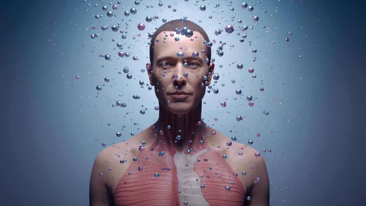 Colored spheres falling around CGI anatomical bust, swirling into halo on blue backdrop