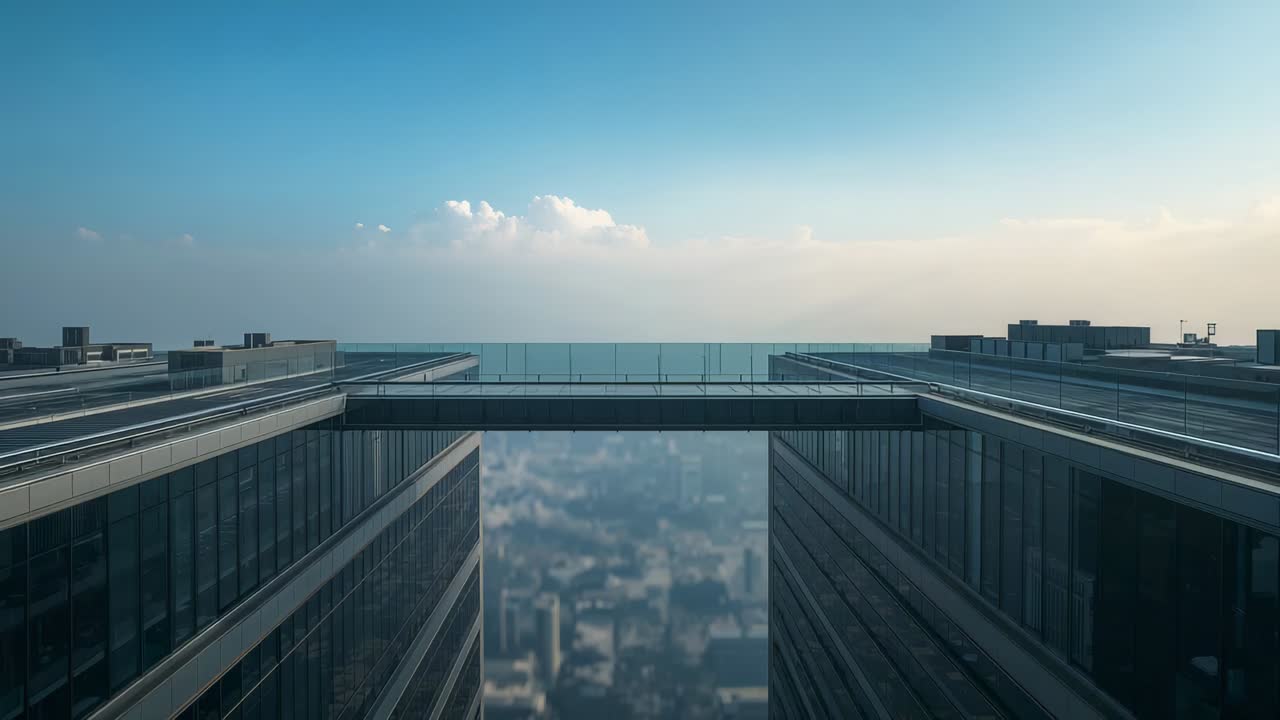 Pulling back camera revealing glass skybridge between towers' rooftops, exposing hazy city skyline