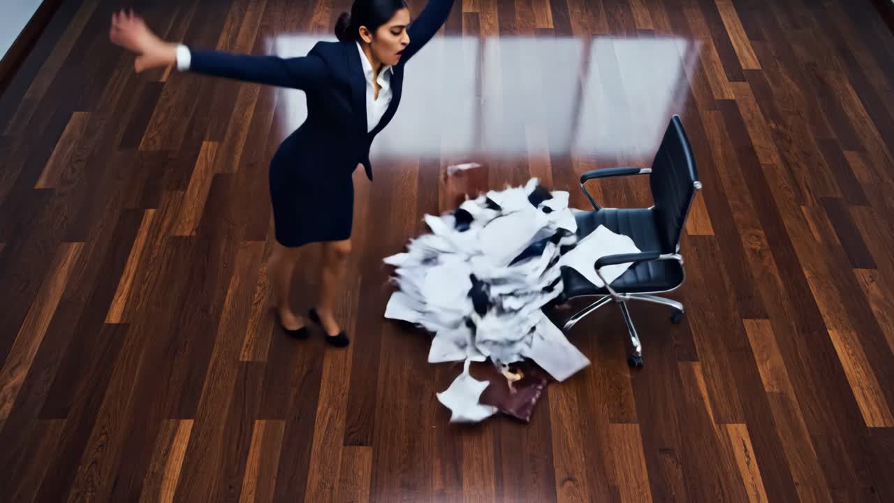 Stressed businesswoman falling amidst scattered documents in the office