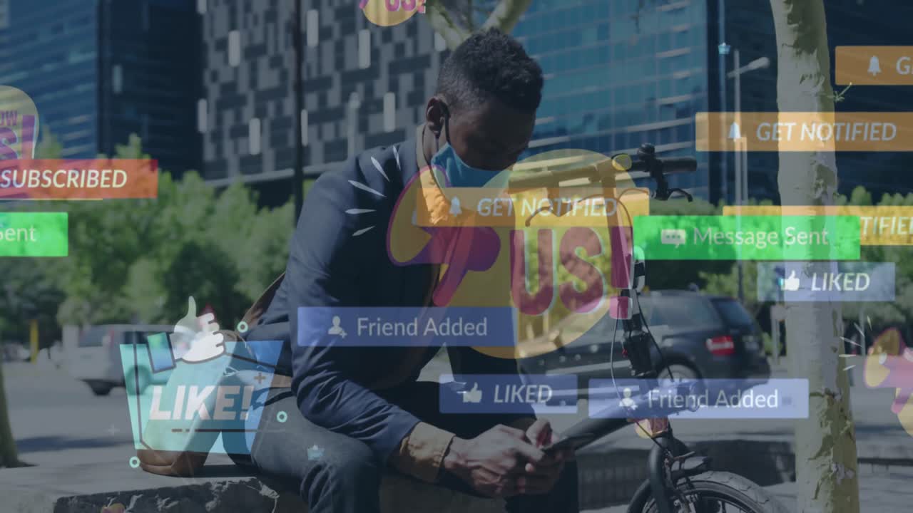 Animation of social media notifications over african american businessman with mask using cellphone