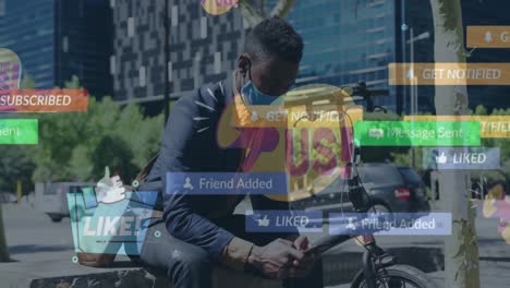 animation of social media notifications over african american businessman with mask using cellphone