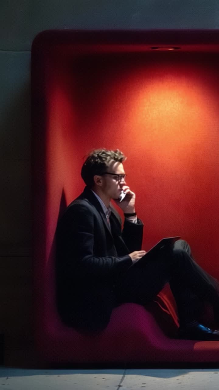 Un individuo composto impegnato in una conversazione telefonica concentrata, seduto in un angolo accogliente e moderno, che mostra stile e dedizione in uno spazio di lavoro contemporaneo.