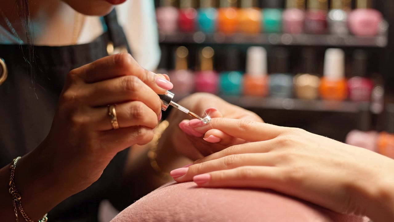 Onicotecnica esperta che applica lo smalto in un salone di bellezza con smalti dai colori vivaci sullo sfondo, mostrando precisione e tecniche artistiche di nail art