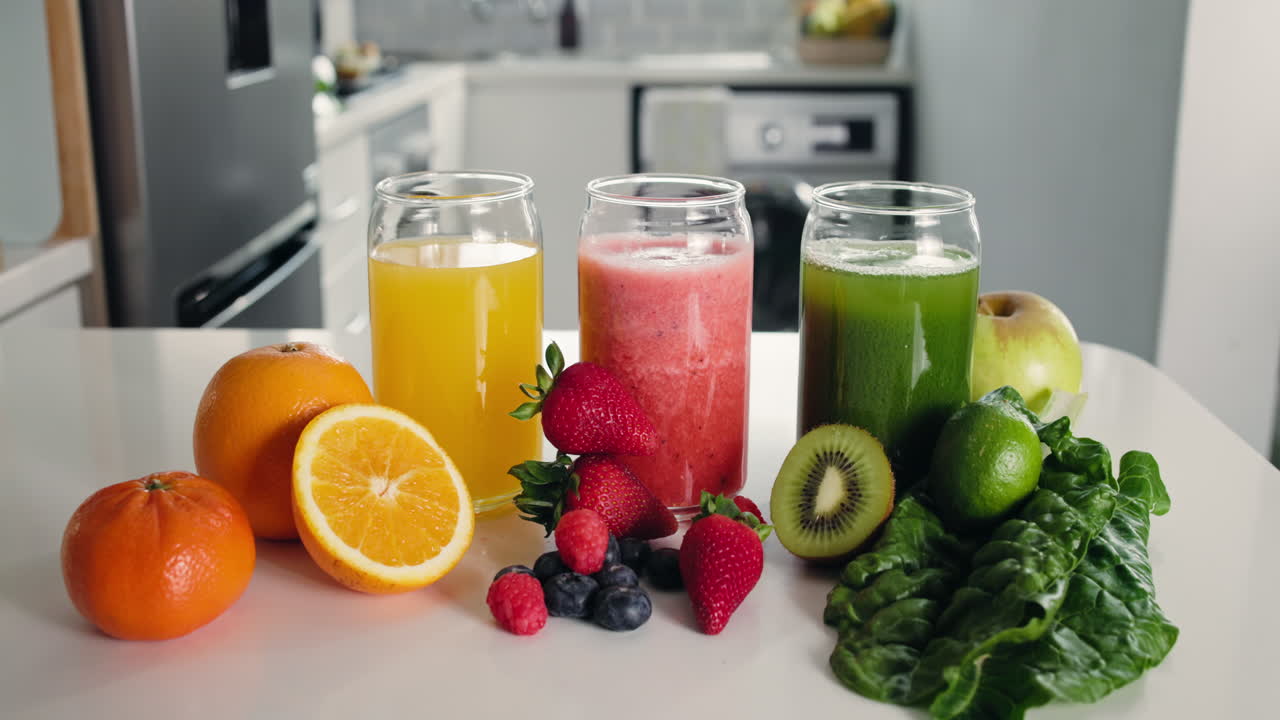 Assortimento di frullati e succhi di frutta freschi con frutta e verdura sul bancone della cucina