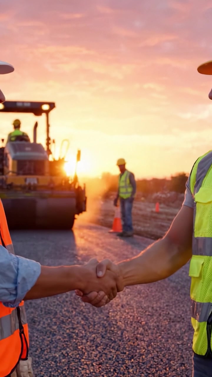 Construction Crew Working at Sunset on Road Rehabilitation Project, Demonstrating Safety Protocols and Heavy Machinery Operation