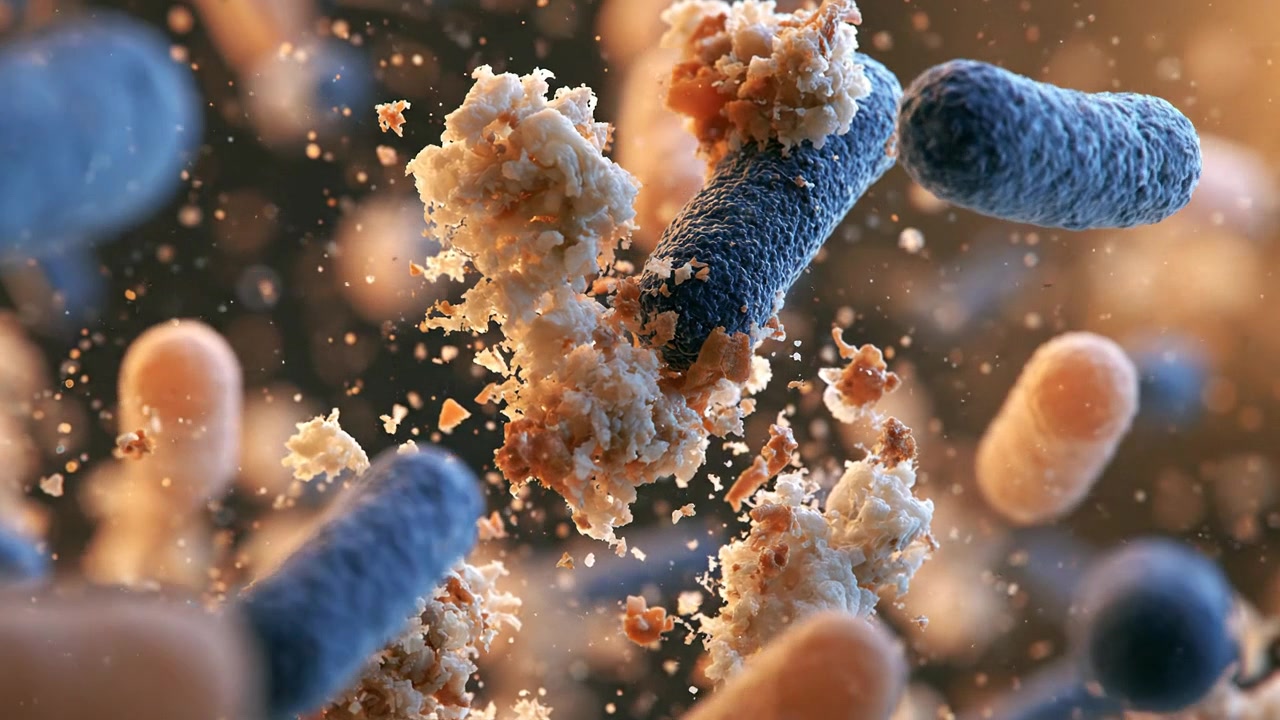 Mani guantate da laboratorio che esaminano campioni biologici microscopici colorati