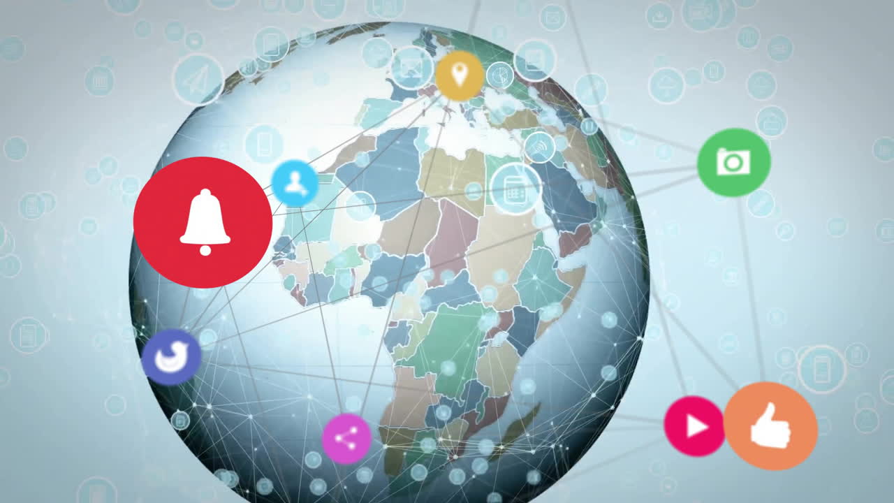 Animation of rotating globe with digital icons and network connections