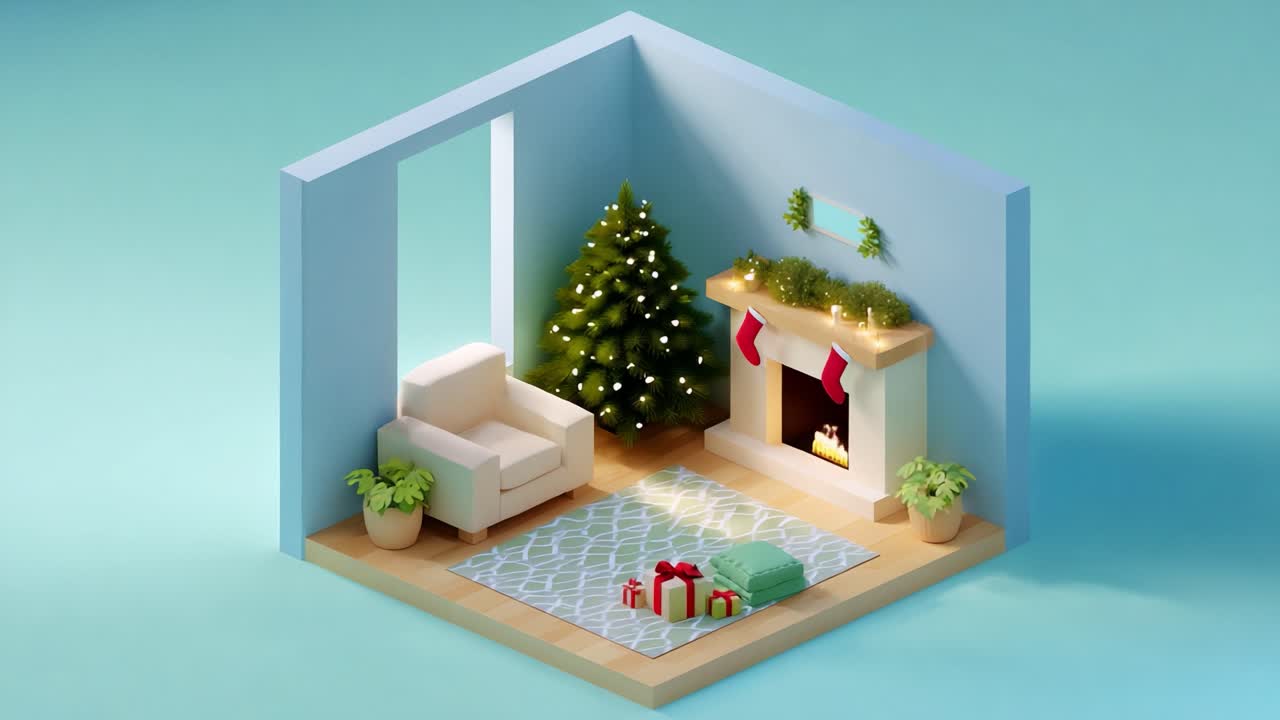 A Cozy and Festive Holiday Living Room Scene Captured in a Charming 3D Isometric Style, Featuring a Beautifully Decorated Christmas Tree, a Warm Fireplace, and Tasteful Decorations for the Season