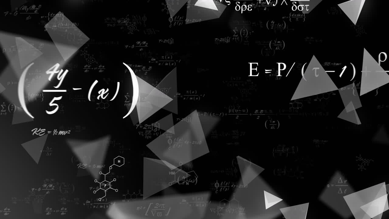 수학적 방정식과 기하학적 모양의 애니메이션이 검은 바탕에 있습니다.