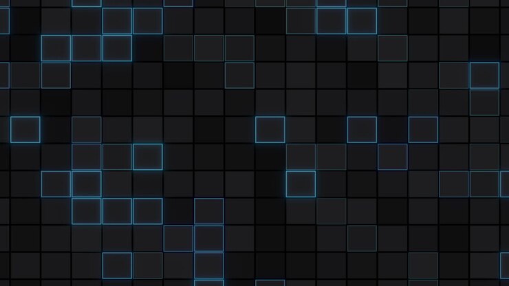 Glowing grid blue tiles on black background