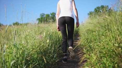 mujer caminando en un campo