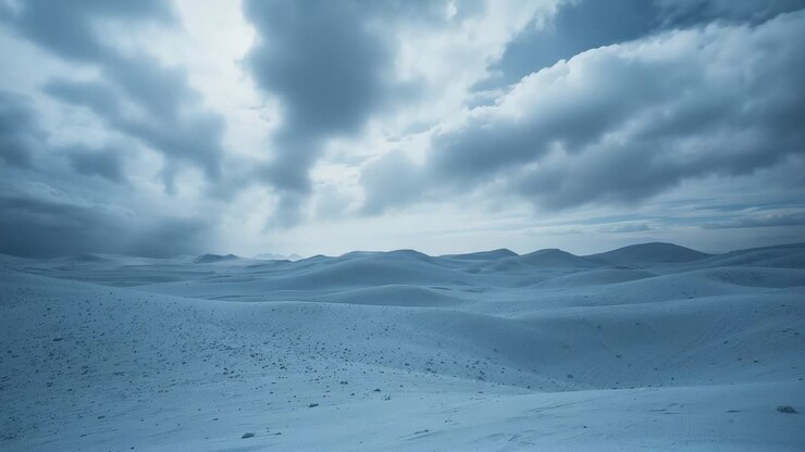 Shifting layered clouds drifting over snow-covered dunes, showcasing frozen terrain solitude