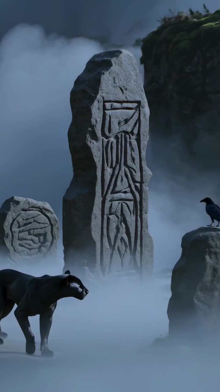 Video verticale: Pantera che entra e raduna altre pantere attorno a un monolite nella nebbia, con un corvo posato su una roccia.