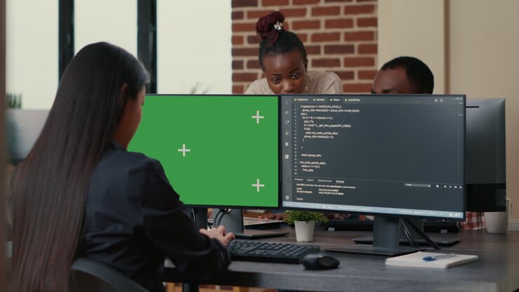 Software developer writing algorithm in front of computer with green screen chroma key mockup