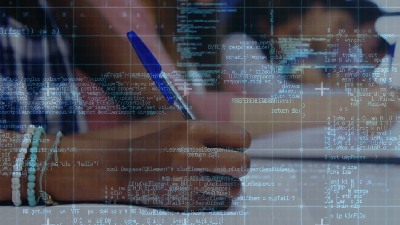 Person's hand holding ballpoint pen hovering above paper, blending grid-code overlay for technology