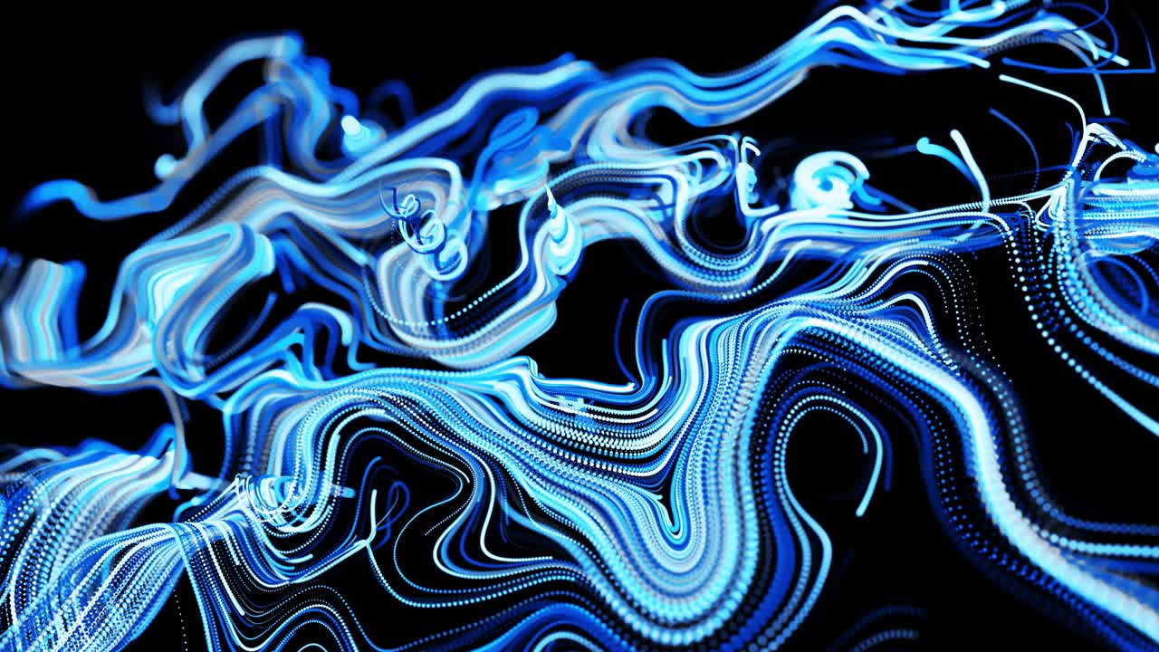 abstracto fondo en bucle 3d con líneas que forman un patrón giratorio como ruido de rizos con rayas de luz. el flujo de partículas forma líneas rizadas como senderos de brillo azul. hermosos remolinos de líneas como bg abstracto