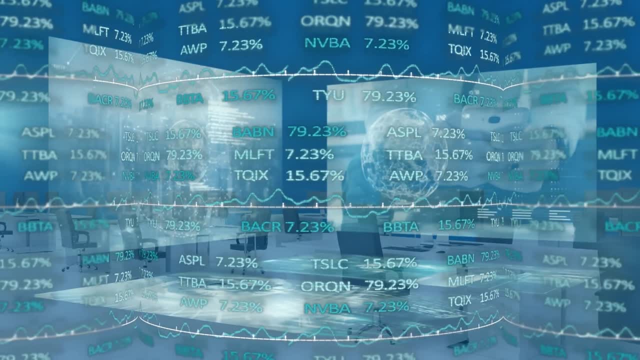 빈 사무실 위의 화면에서 금융 데이터 처리의 애니메이션