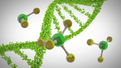 Animation-Von-3D-Mikromolekülen-Und-DNA-Strang-Auf-Grauem-Hintergrund