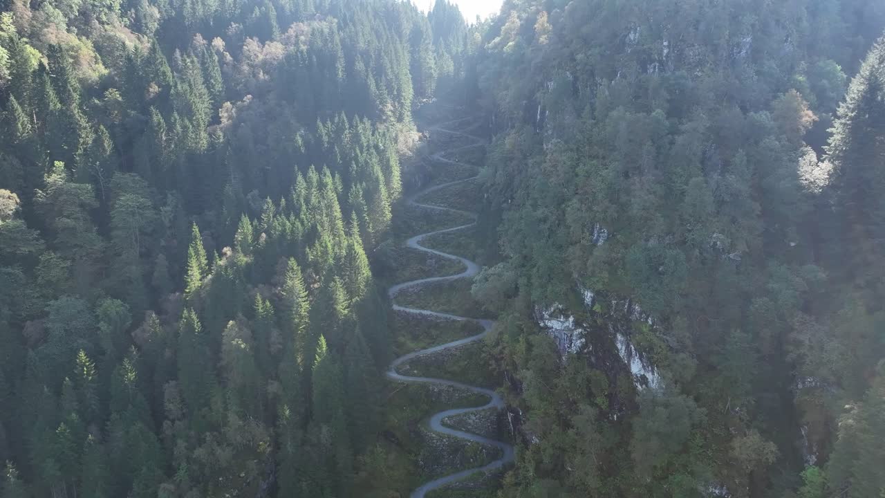 Aerial descends on Kossdalen winding road from high altitude, revealing sunlit spruce treetops and hairpin turns