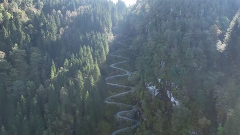 aerial descends on kossdalen winding road from high altitude, revealing sunlit spruce treetops and hairpin turns