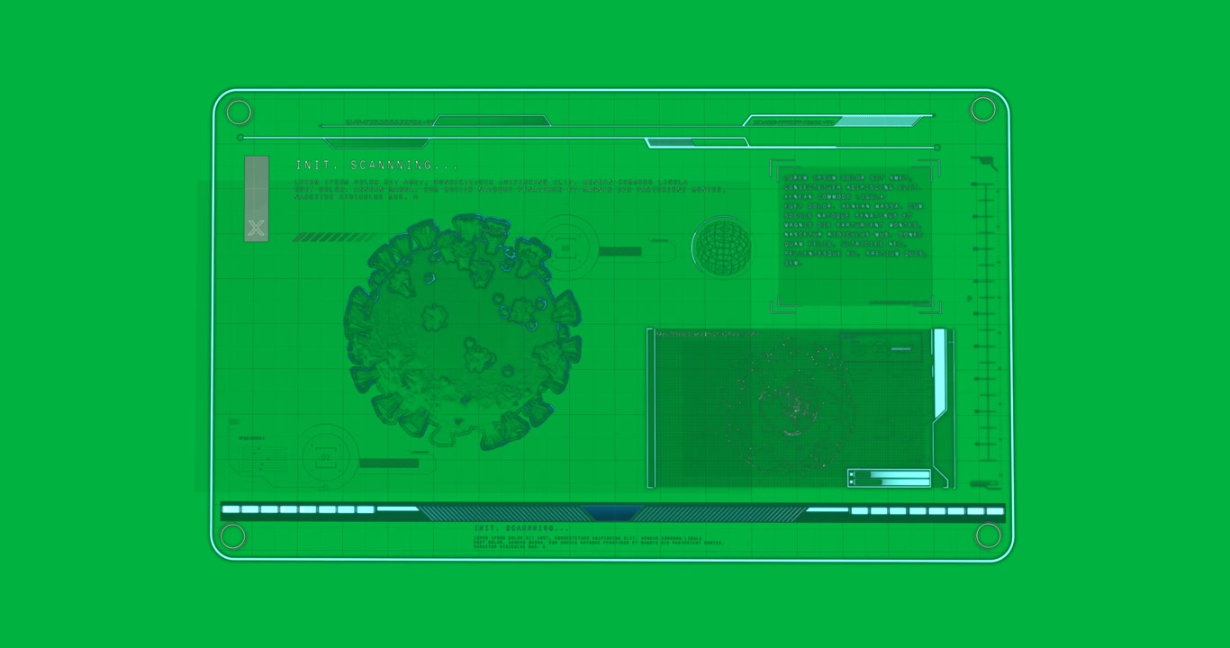 Animation einer COVID-19-Zelle und medizinischer Datenverarbeitung auf dem Bildschirm.