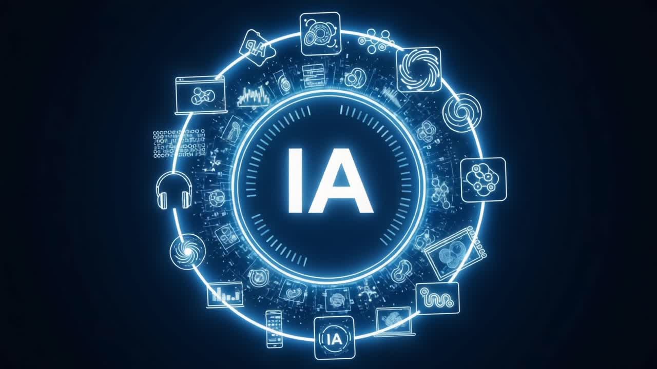 Innovative Visual Representation of Artificial Intelligence Concepts Featuring Circular Design and Dynamic Iconography for Modern Technology Understanding