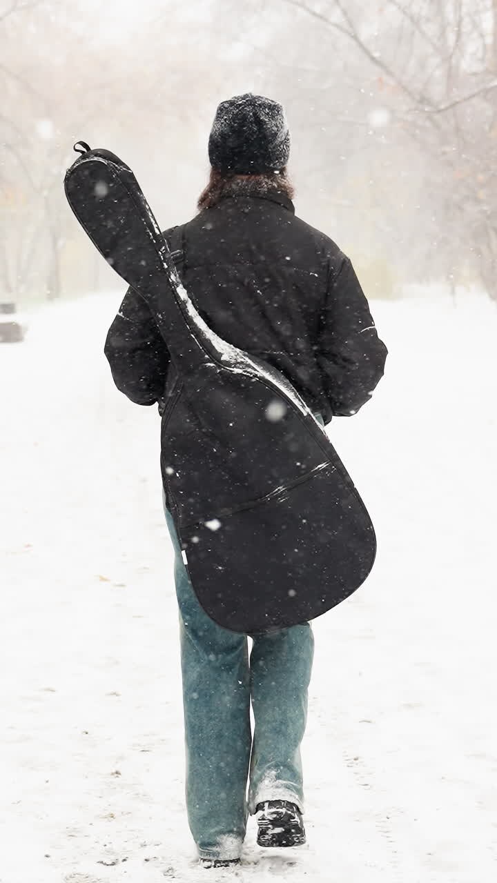 задний вид женщины, несущей гитару в случае, гуляющей в заснеженном парке, с снежинками, цепляющимися за ее куртку и волосы, деревья размыты на заднем плане