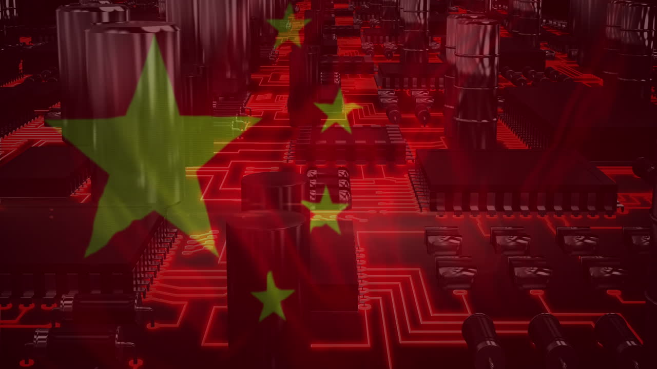 データ処理と中国の旗を持つコンピュータ回路板のアニメーション