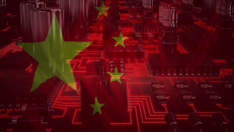 animación de una placa de circuito de computadora con procesamiento de datos y bandera de china