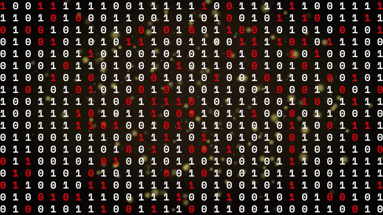 Binary grid pulsing and flickering after red pulse, warm glows centering then dimming, showing data